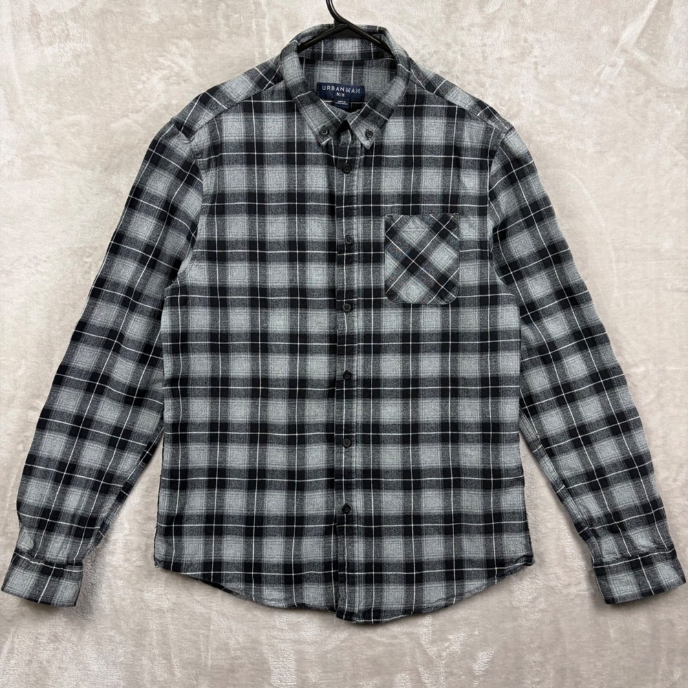 URBAN MAN Mens Plaid Flannel Button Up Shirt Long Sleeve Size M Gray Black